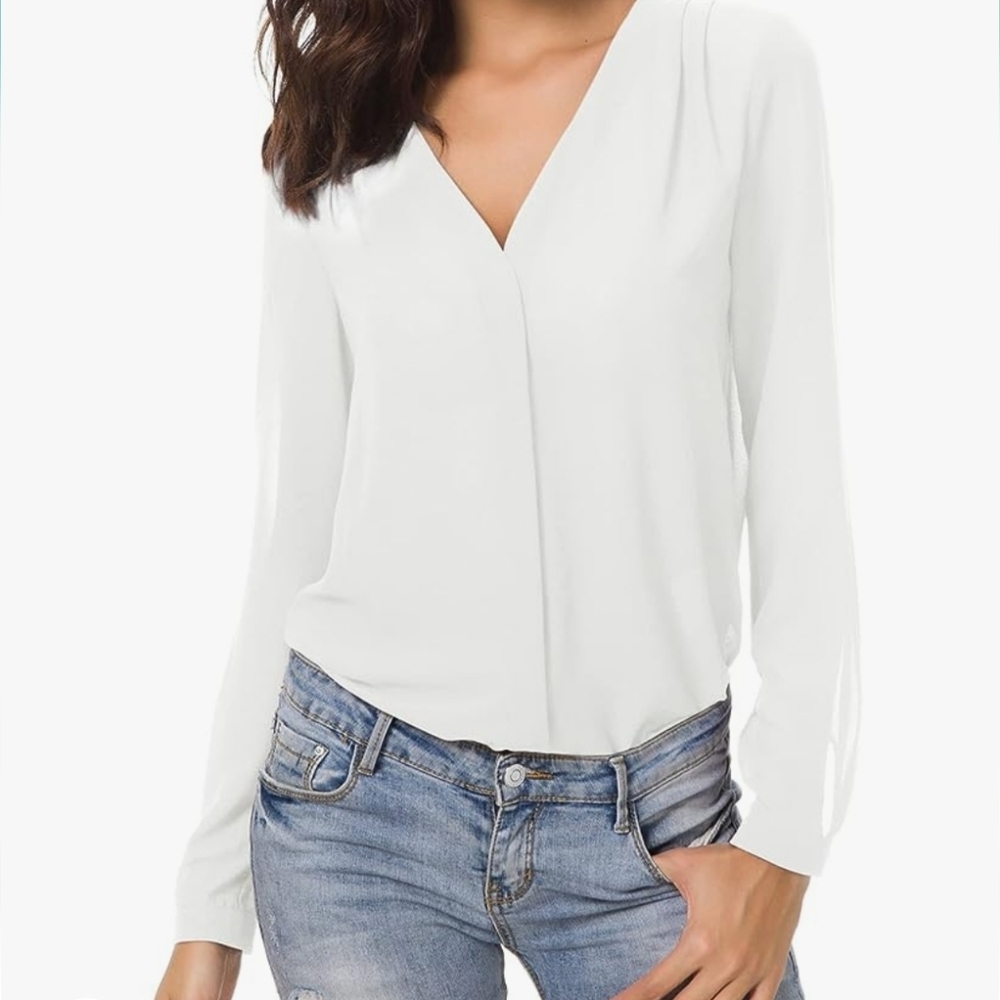 Urban CoCo V Neck Chiffon Button Up Blouse White L
